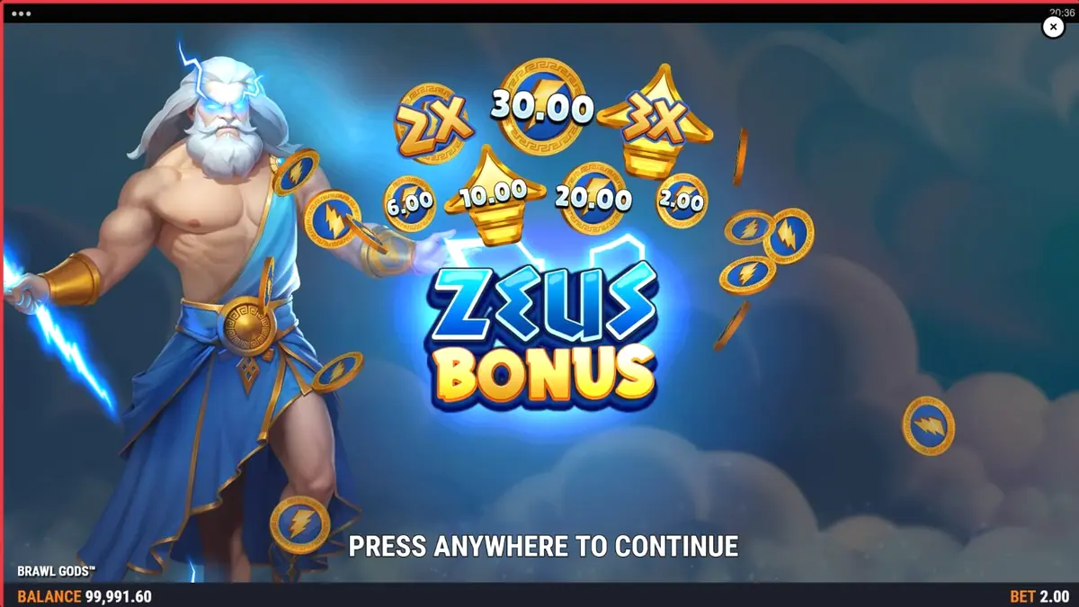 Brawl Gods slot machine interface with Zeus and Hades theme
